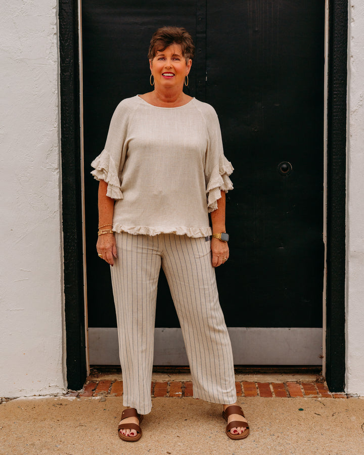 Multiples: Double Flounce Raglan Elbow Sleeve Scoop Neck Fringe Hem Top in Flax (M26720TM) - The Vogue Boutique