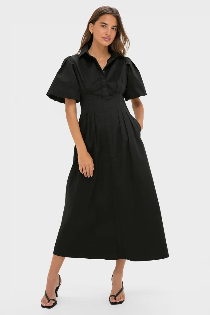 Spanx: Poplin Smocked Midi Shirt Dress in Classic Black (22366R) - The Vogue Boutique