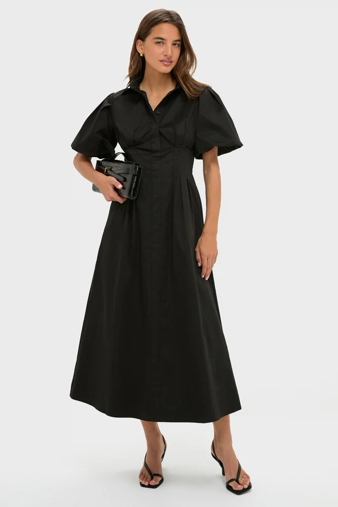 Spanx: Poplin Smocked Midi Shirt Dress in Classic Black (22366R) - The Vogue Boutique