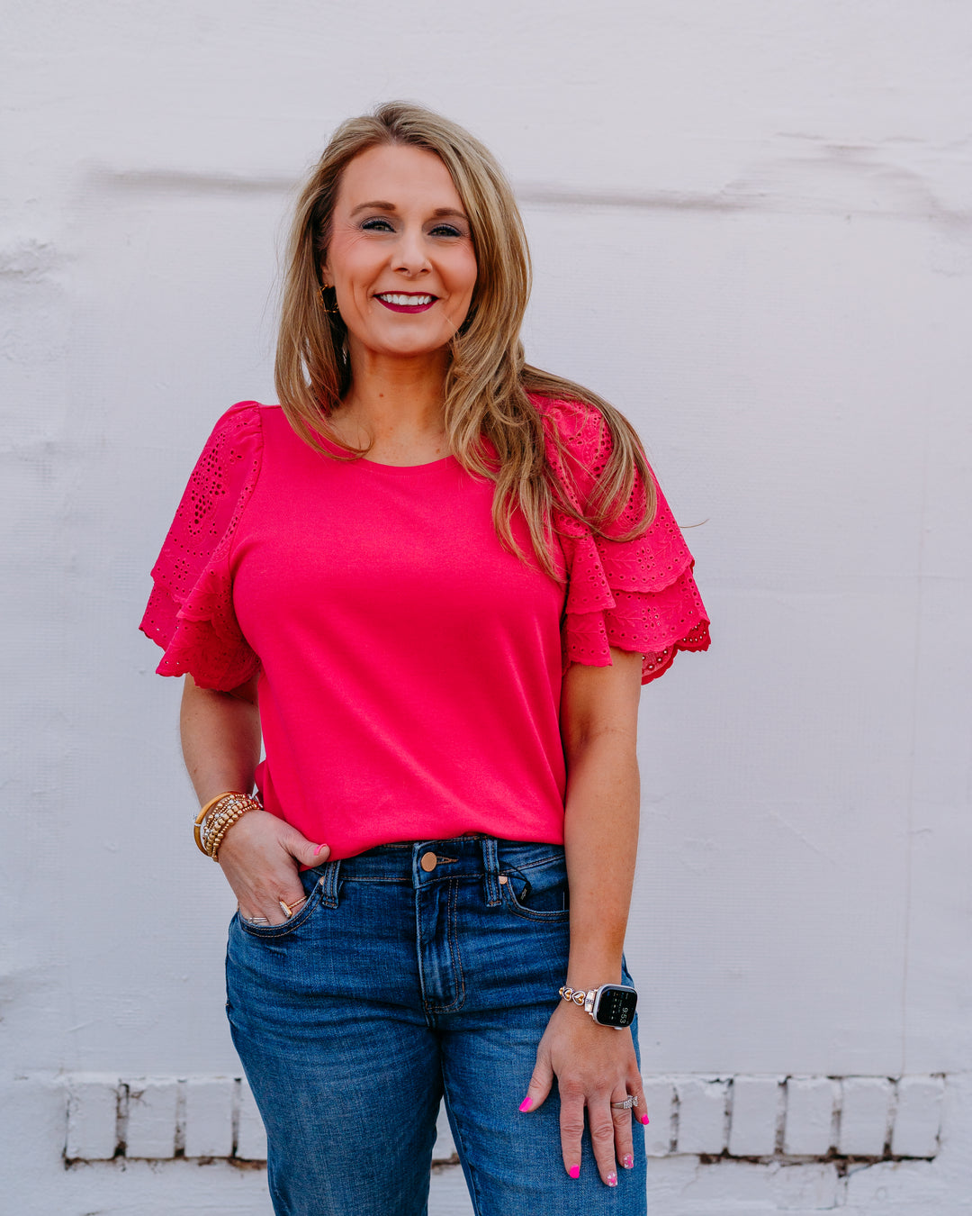 Liverpool: Short Sleeve Knit-To-Woven Top W/ Emb in Diva Pink - The Vogue Boutique