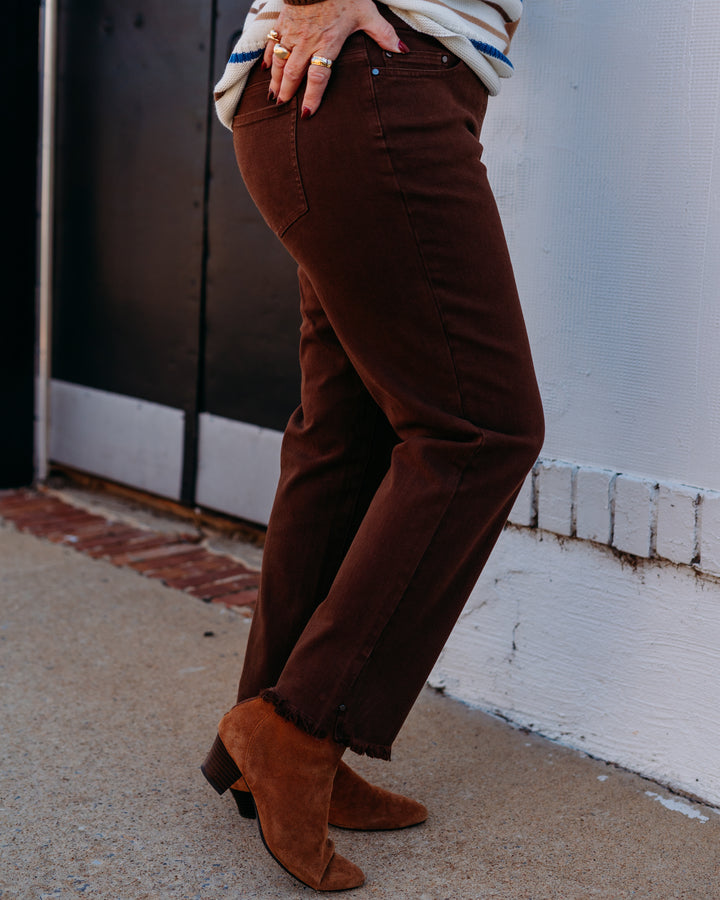 Multiples: (Chocolate Angel) Elastic Waist Fringe Hem Ankle Jean in Rich Chocolate M35714PM