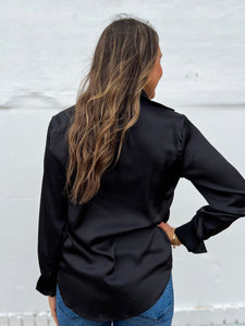 Glam: V-Neck Button Down Shirt in Black