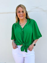 Load image into Gallery viewer, Karen Kane: Puff Sleeve Tie Front Top in Grass 1L25415
