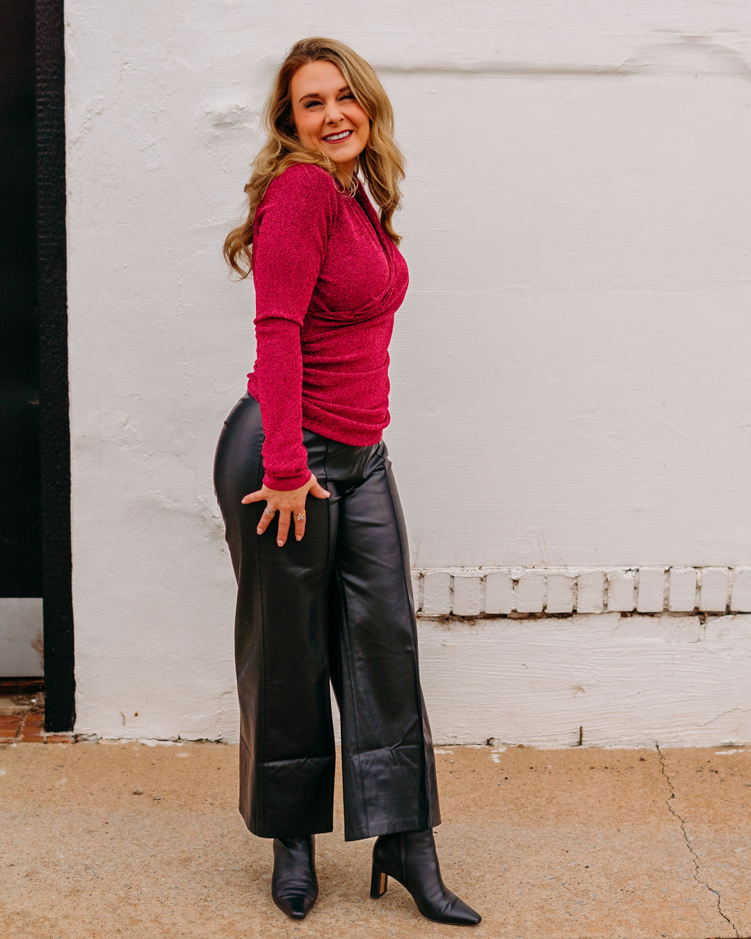 Karen Kane: Crossover Shirred Side Top in Magenta