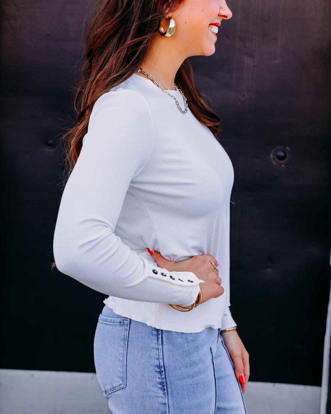 Tribal: Long Sleeve Crew Neck Top W/Button Detail in Moonstone