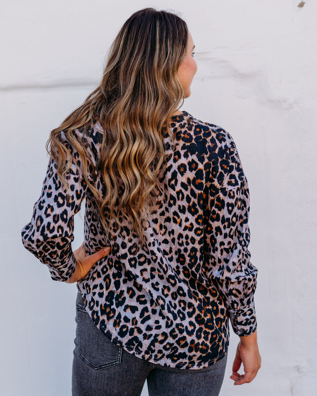 Ivy Jane: Leopard V-neck Linen Top in Grey