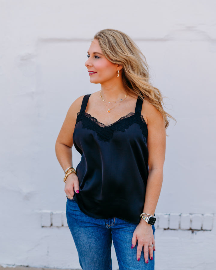 Liverpool: Woven Tank W/ Lace Trim in Black
