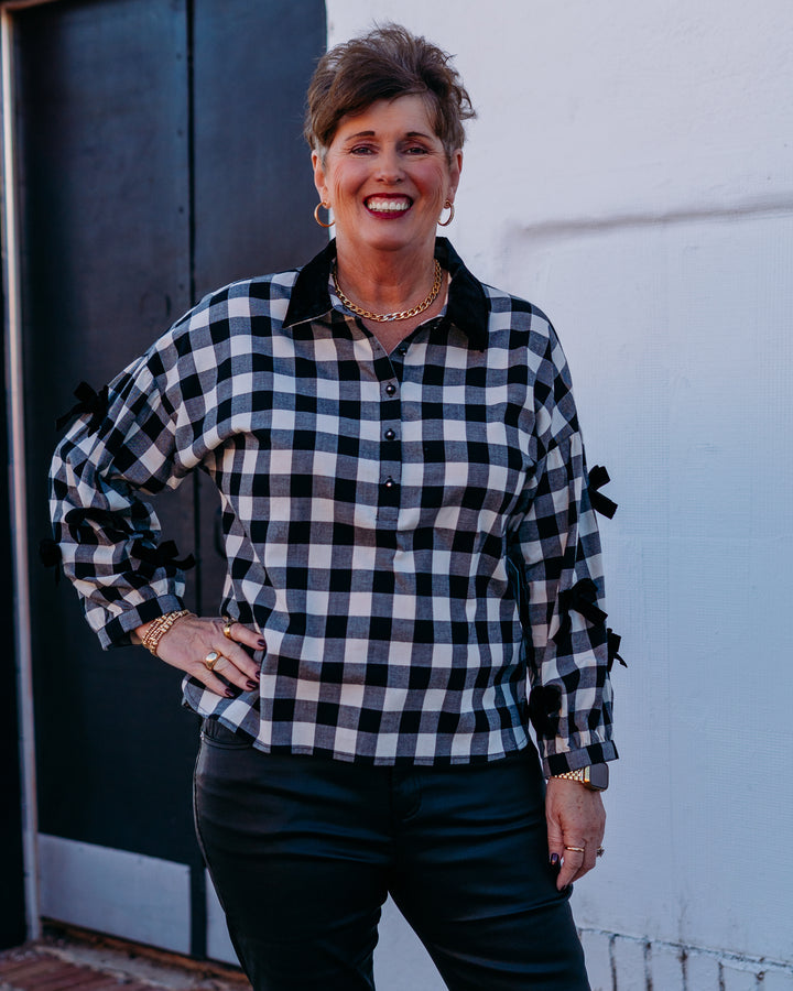 John Mark: Plaid Button Up Top With Velvet Collar in Black J45644TM