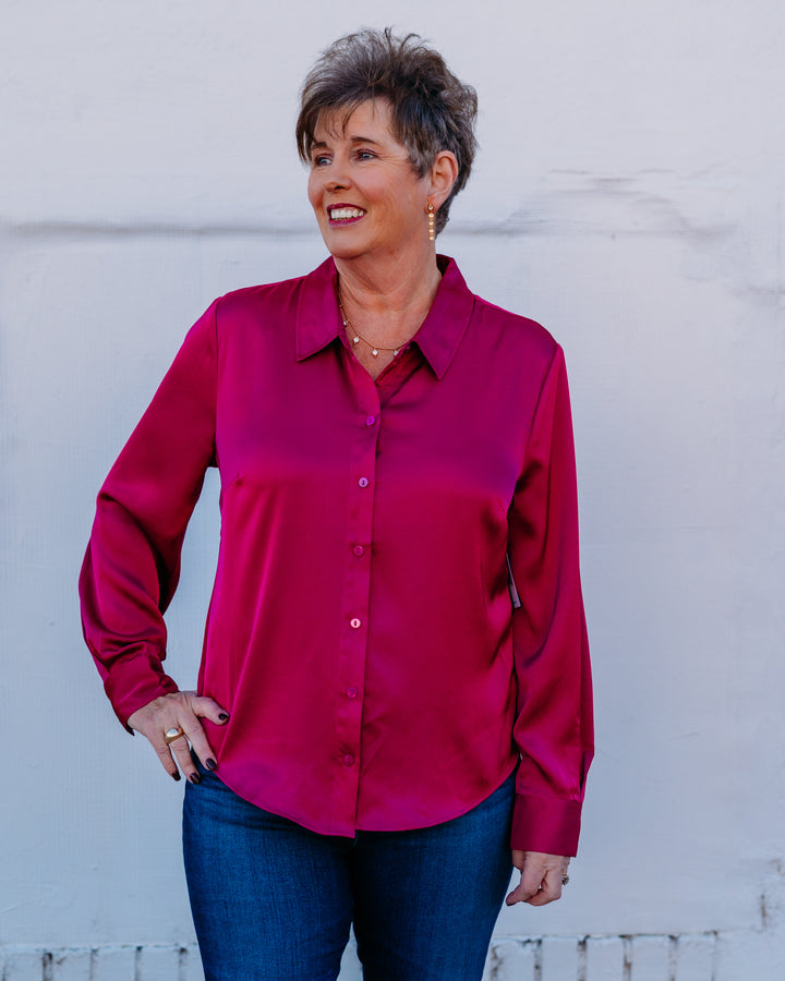 Liverpool: Button Front Woven Shirt in Fuchsia Kiss