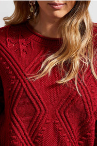 Tribal: Long Sleeve Crew Neck Cables Sweater in Earth Red
