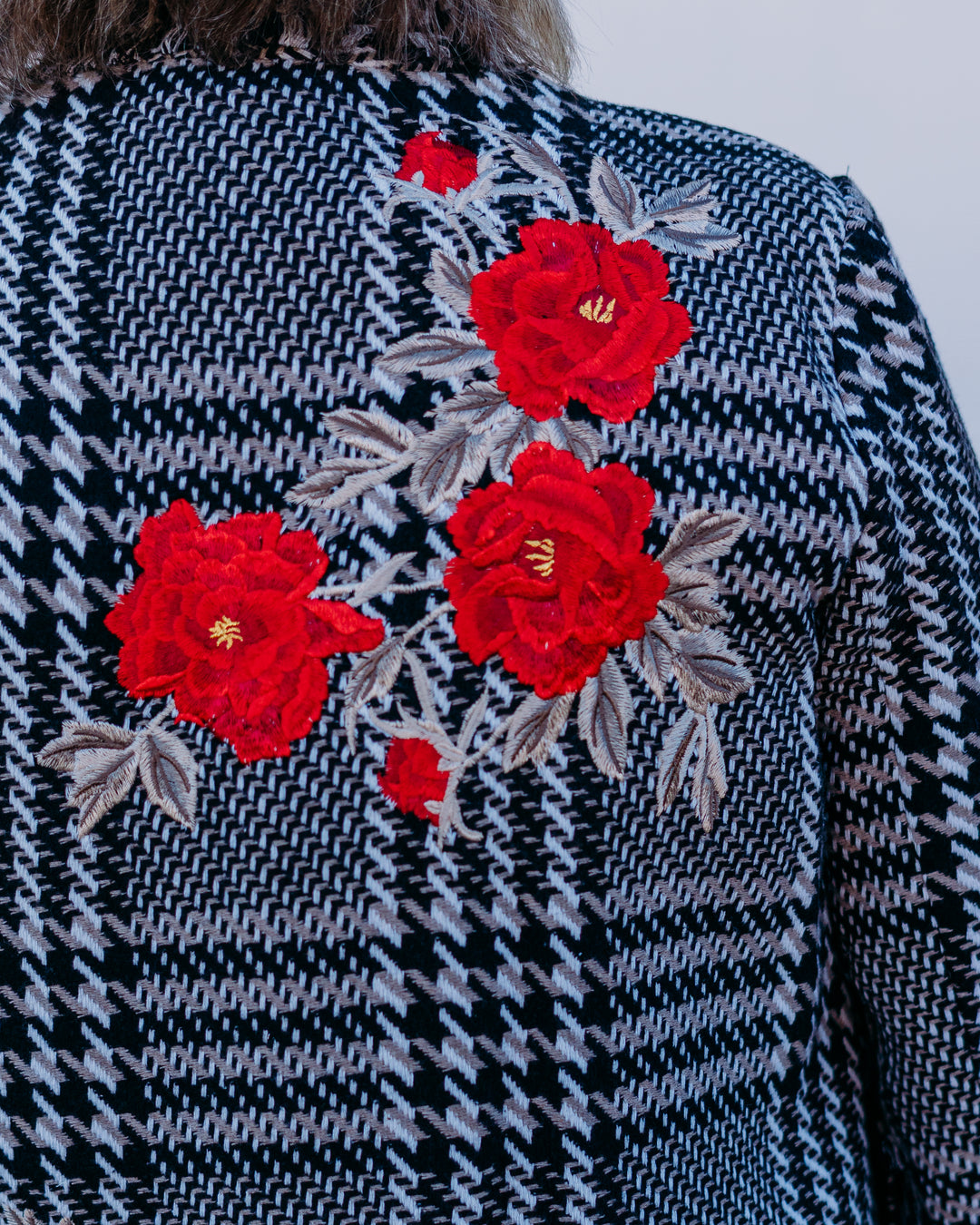 John Mark: Plaid Tweed Coat With Fringe in White/Black J45655JM