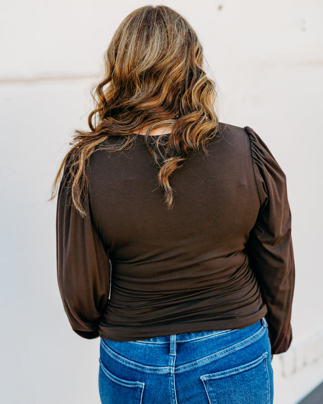 Karen Kane: Shirred V-Neck Top in Brown