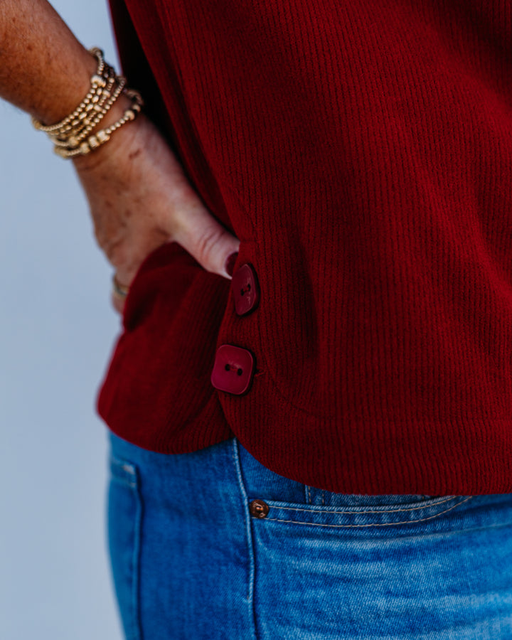 Multiples: Turn Up Cuff 3/4 Sleeve Knit Turtle Neck Top in Crimson (M45105TM)