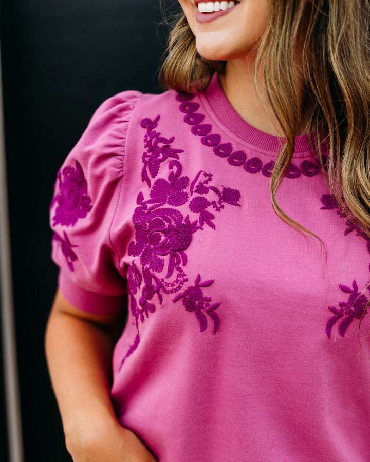 Ivy Jane: Short Sleeve Embroidered Sweatshirt in Plum (691009)