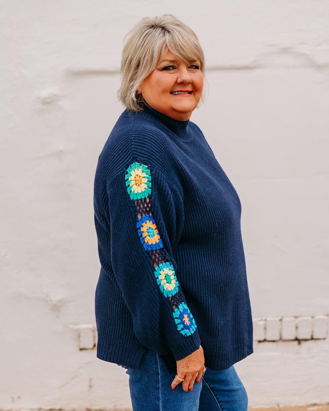 Multiples: 3/4 Sleeve Soild Sweater Knit Mock Neck in Midinight (M45401KM)