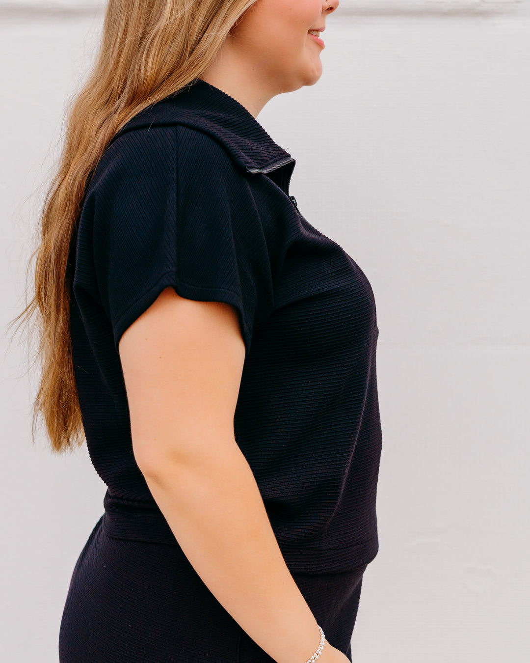 Spanx: Airessentials French Rib Short Sleeve Half Zip in Very Black (22483R)