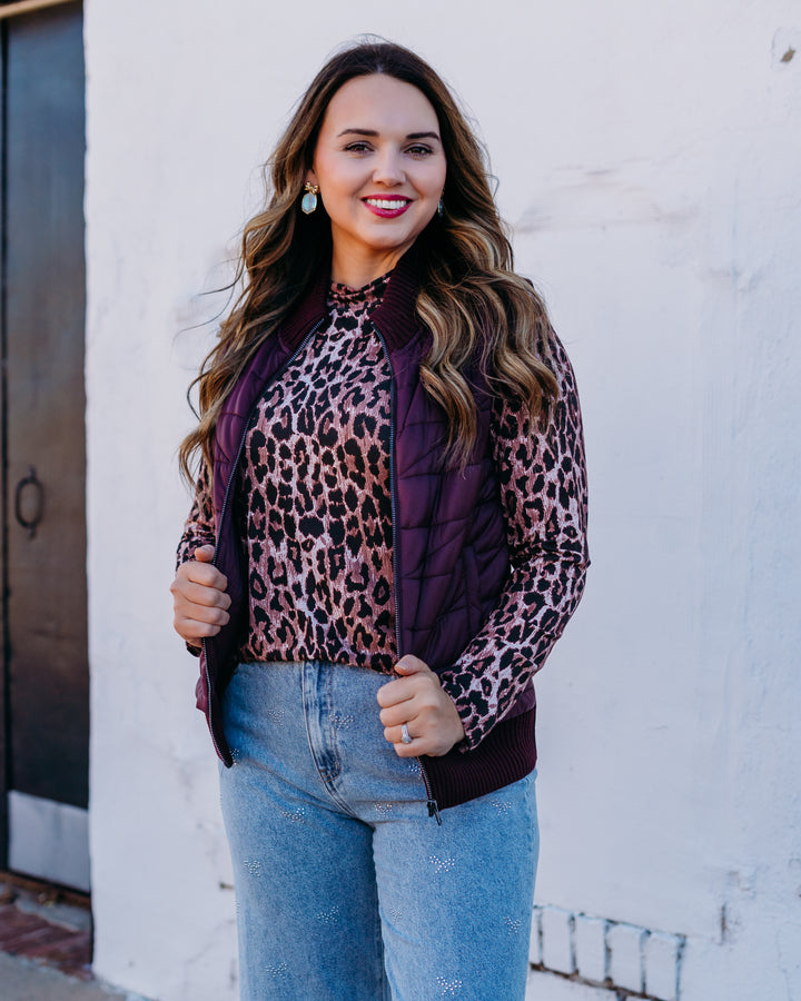 Liverpool: Sleeveless Quilted Front Full Zip Sweater Vest in Wine Berry