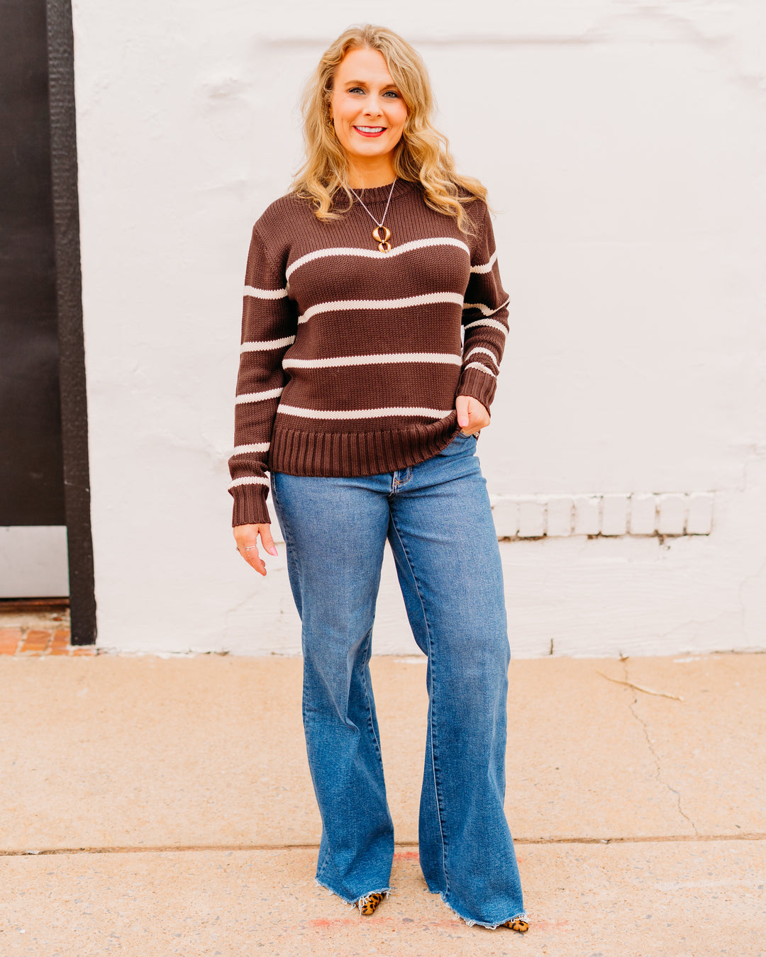 Karen Kane: Stripe Crewneck Sweater in Chocolate 3L89975