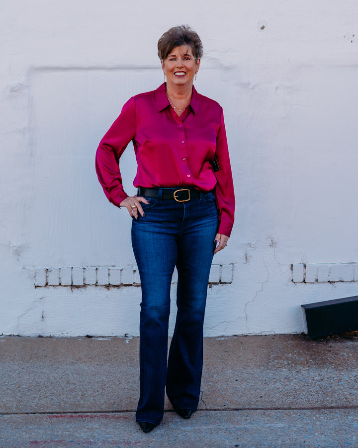 Liverpool: Button Front Woven Shirt in Fuchsia Kiss