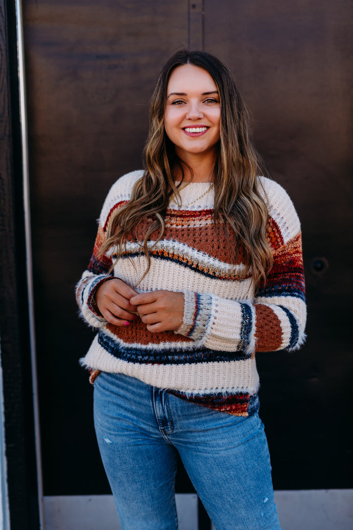 Charlie B: Patchwork Knit Drop Shoulder Sweater in Sepia