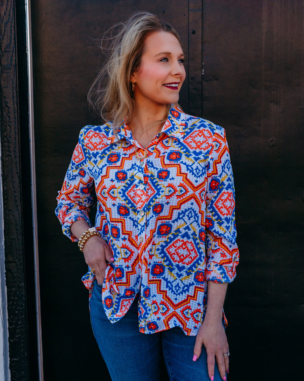 Multiples: Roll Tab Long Sleeve Button Front Hi-Lo Shirt in Multi (M26505BM) - The Vogue Boutique