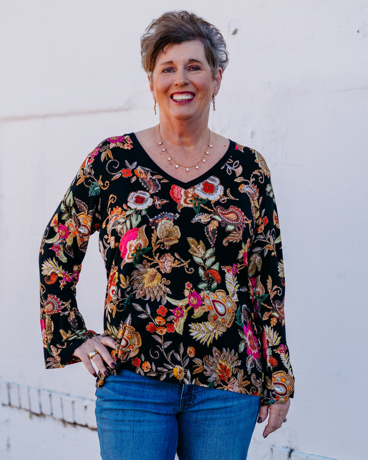 Johnny Was: The Janie Favorite V-Neck Flute Sleeve Tee in Lowri Black