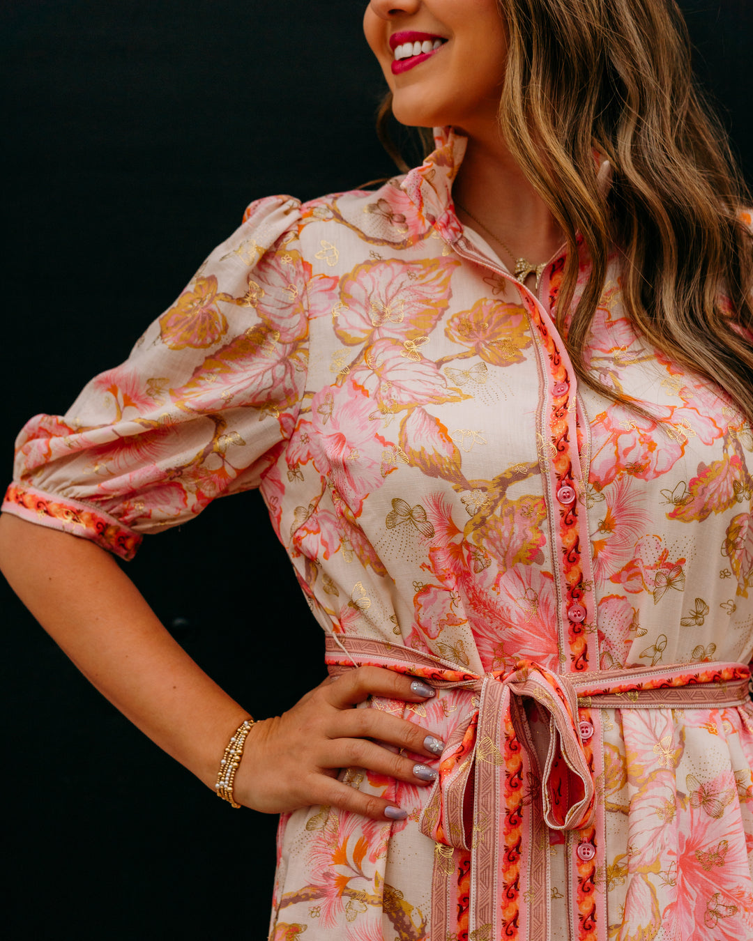 Jade: Aloha Bloom Button Front Short Sleeve Midi