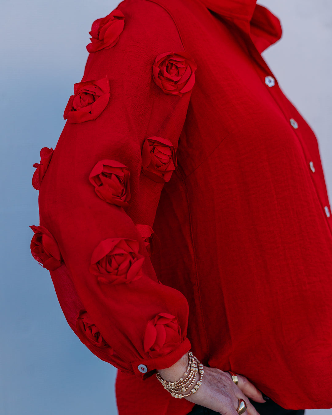 John Mark: Wire Collar Button Front Sheer Rosette in Scarlet J45646BM