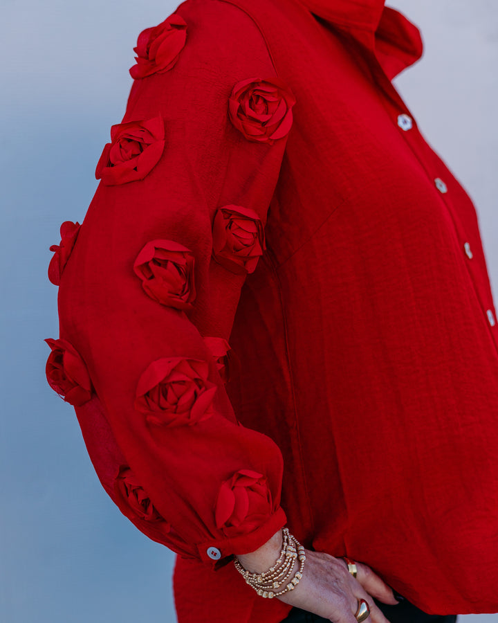 John Mark: Wire Collar Button Front Sheer Rosette in Scarlet J45646BM