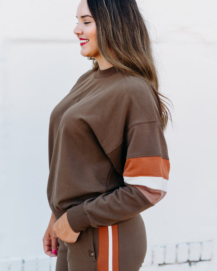 Glyder: Vintage Oversized Crew in Chocolate Cinnamon, Oatmilk, and Latte Stripe