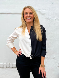 Glam: Button Down Color Block Shirt in White