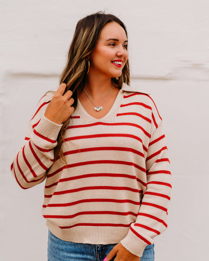 Karen Kane: Stripe Polo Sweater in Tomato