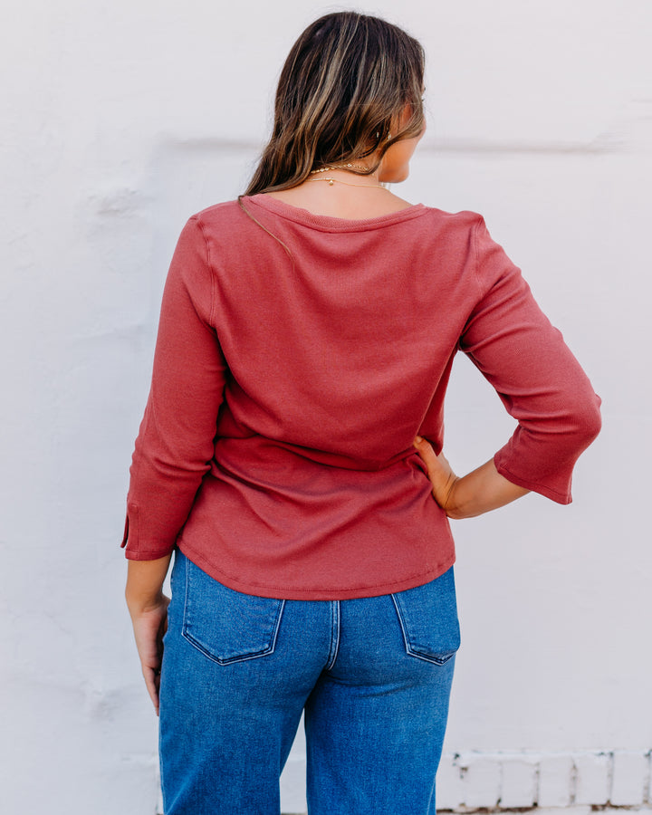 French Dressing Jeans: Rust Red Baby Rib V-Neck 3/4 Sleeve