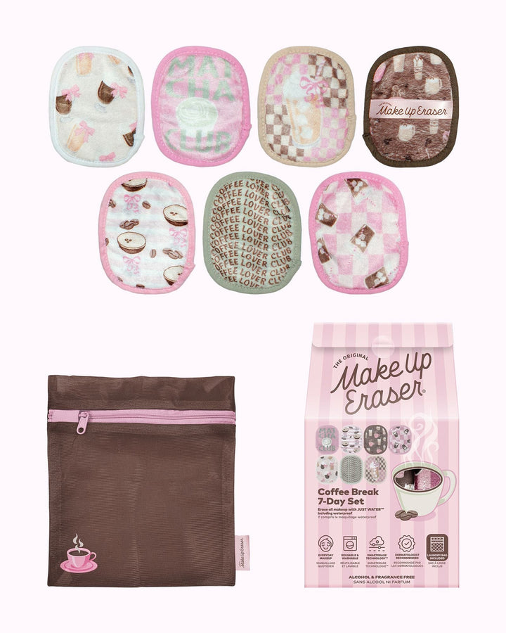 MakeUp Eraser Coffee Break 7-Day Set with coffee-themed patterns and brown storage bag
