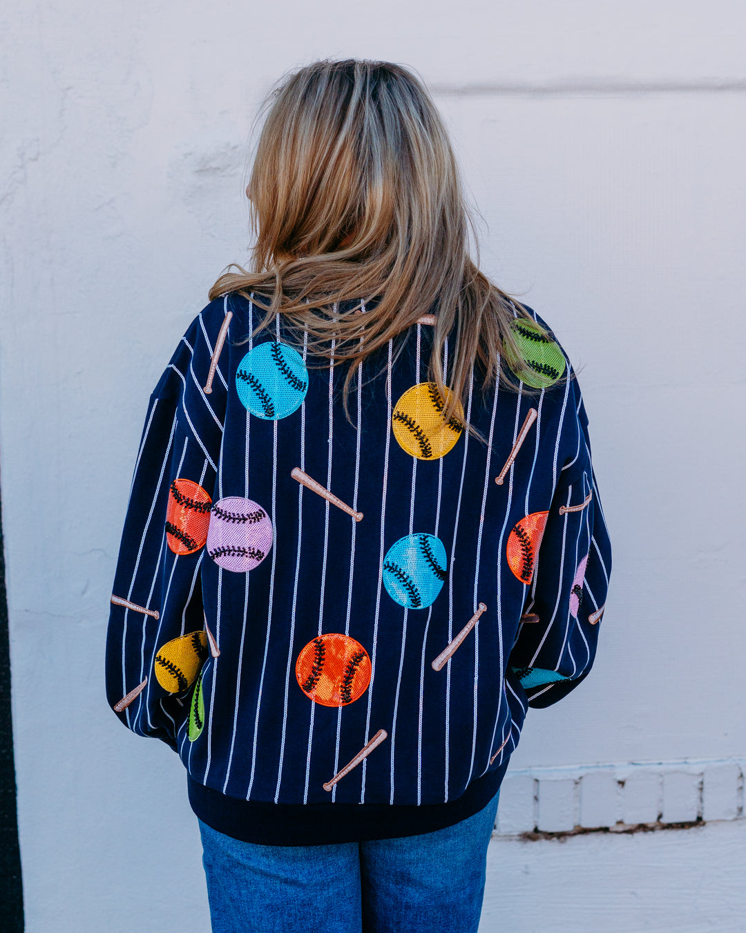 Queen Of Sparkles: Striped Multi Baseball & Bat Sweatshirt in Multi (SP26317) - The Vogue Boutique