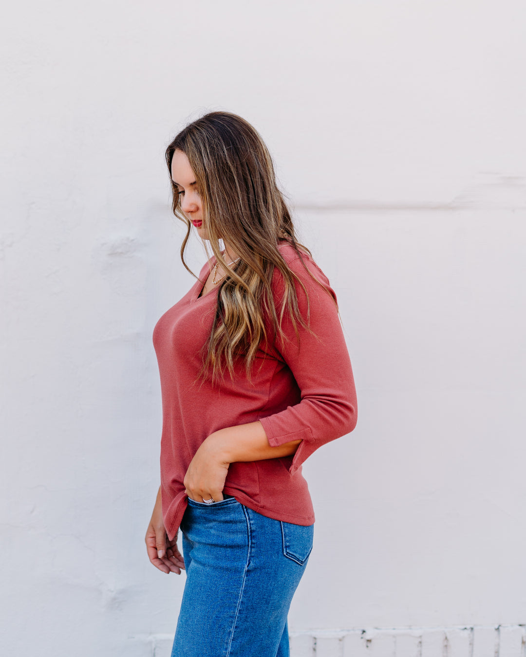 French Dressing Jeans: Rust Red Baby Rib V-Neck 3/4 Sleeve