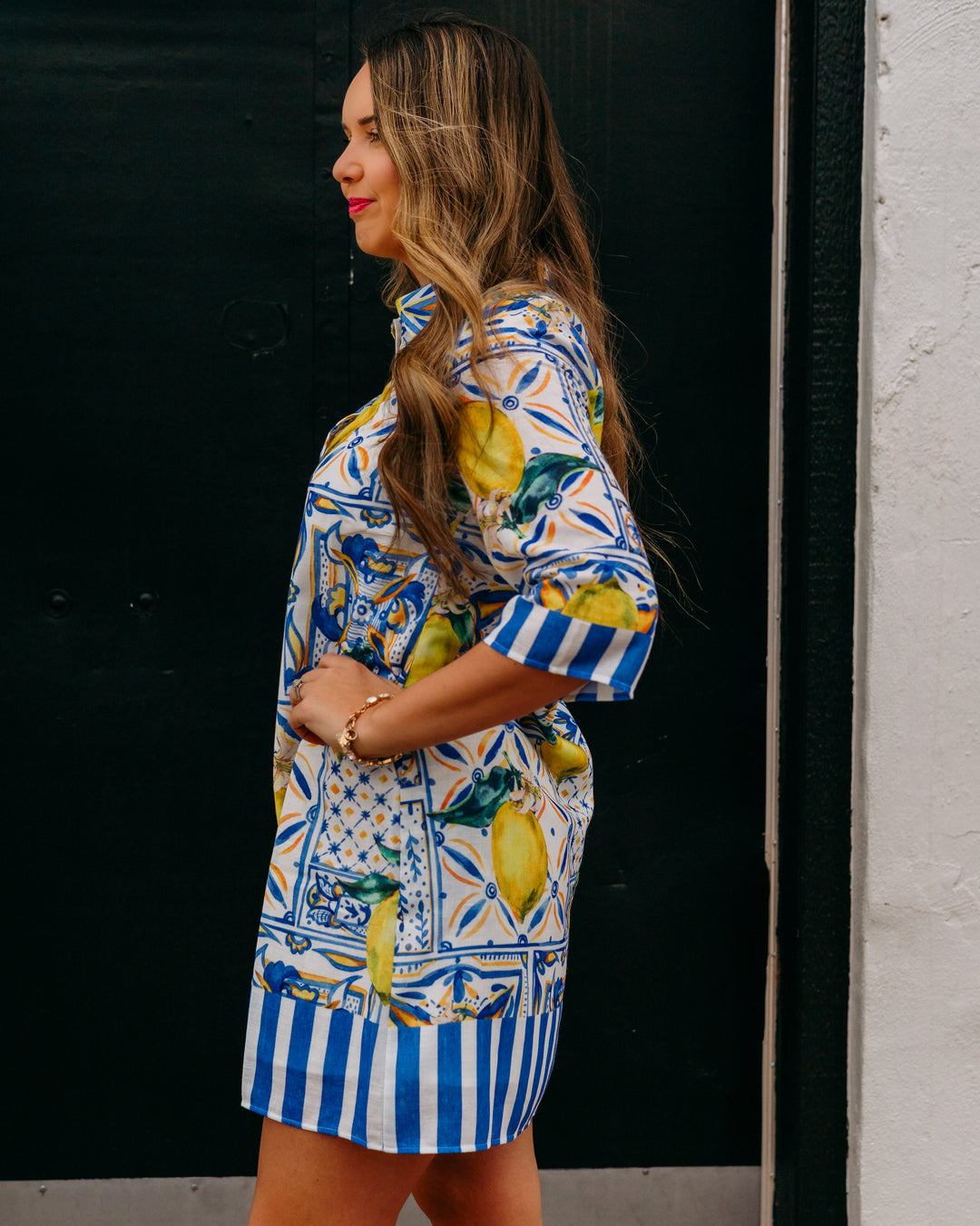 Jade: Lemon Tiles Placket Bell Sleeve Dress