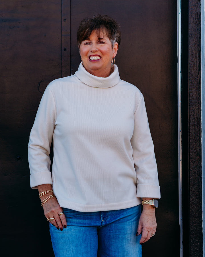 Multiples: Turn-up 3/4 Sleeve Solid Turtle Neck in Winter White (M45105TM)