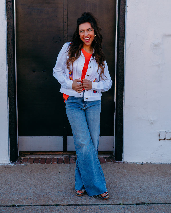 Multiples: Cuffed L/S 2Pkt Frt Btn Tab Bk Jkt W/Embr in White (M26503JM) - The Vogue Boutique