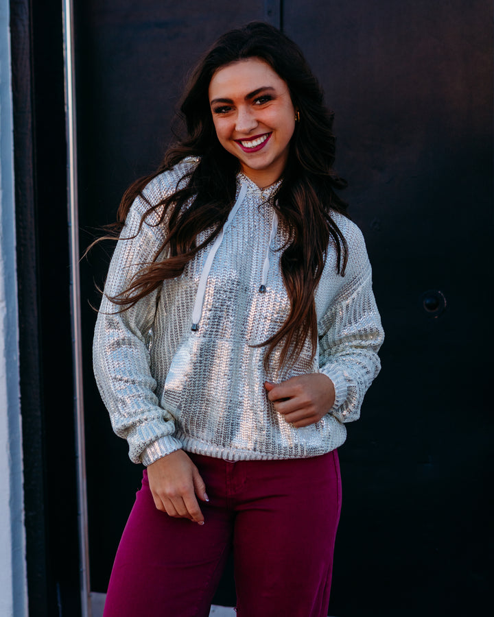 Elan: White Sequin Hoodie swf11354