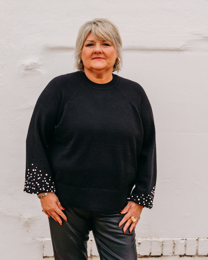 Charlie B: Crew Neck Sweater With Pearl Details in Black