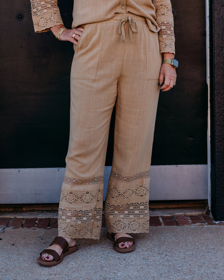 Multiples: Drawstring Elastic Waist P/O 2-Pkt Crop Pant W/Lace Trim in Khaki (M26410PM)