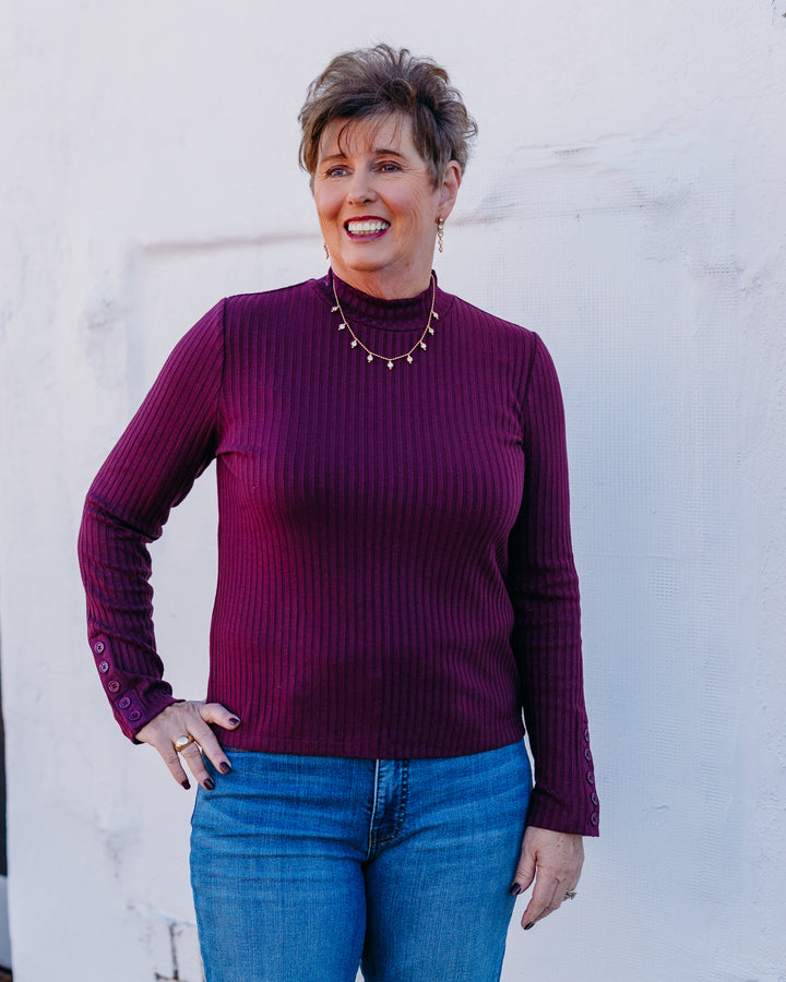Liverpool: Long Sleeve Mock Neck Top with Button Detail in Wine Berry