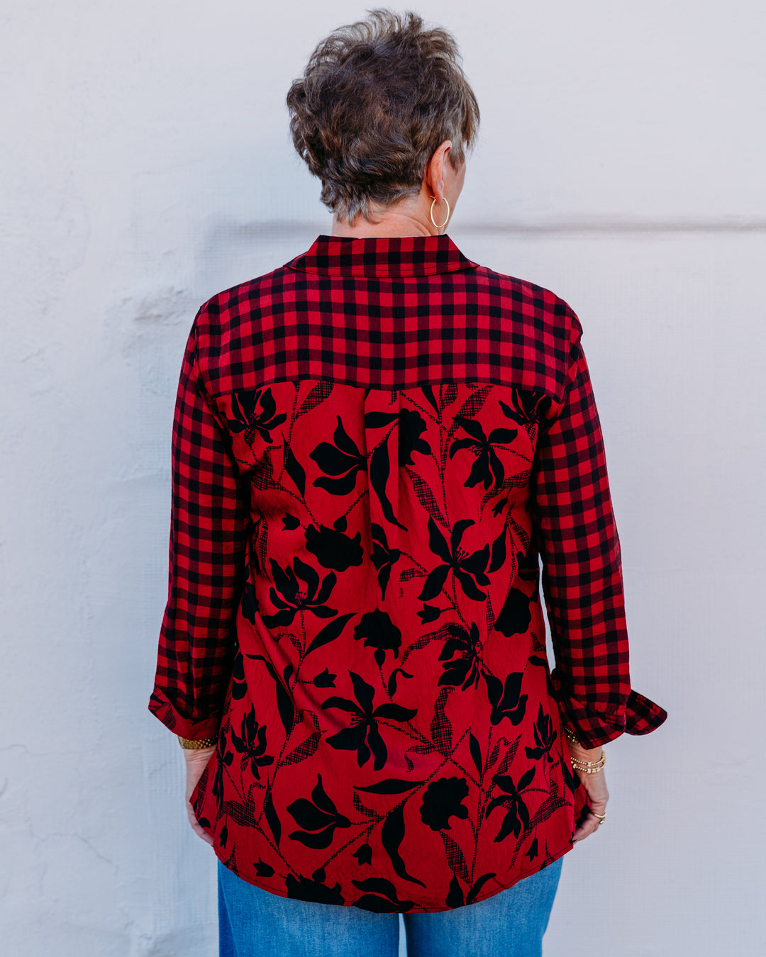 Multiples: Turn-up Cuff 3/4 Sleeve Button Front Woven Shirt in Multi (M45203BM)