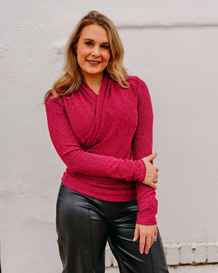 Karen Kane: Crossover Shirred Side Top in Magenta