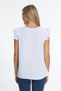 Multiples: Double Ruffle V-Neck Solid Crinkle Woven Tank Top in White M24606TM