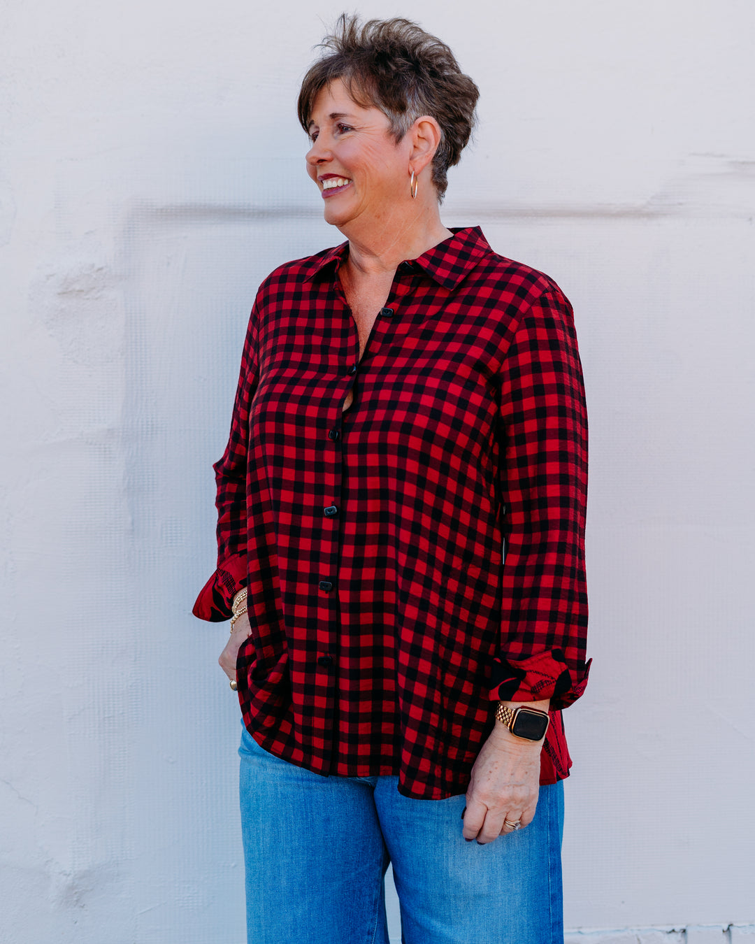 Multiples: Turn-up Cuff 3/4 Sleeve Button Front Woven Shirt in Multi (M45203BM)