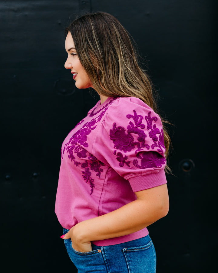 Ivy Jane: Short Sleeve Embroidered Sweatshirt in Plum (691009)