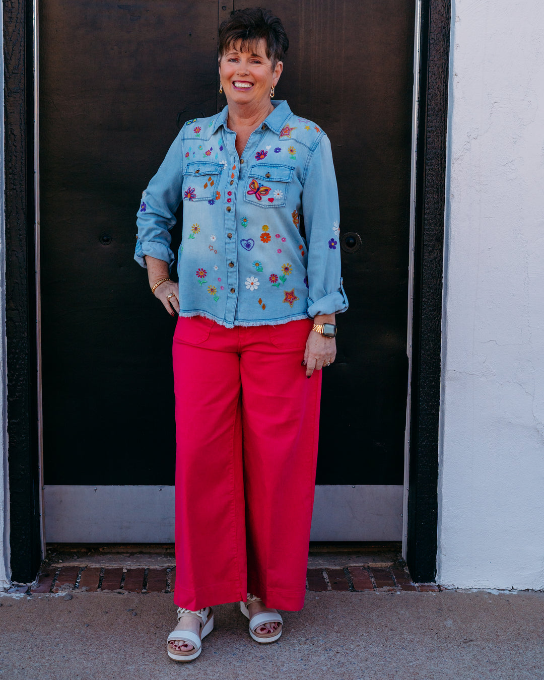 John Mark: Embroidered Blouse with Front Pockets & Roll Tab Sleeves in Multi (J16340BM) - The Vogue Boutique