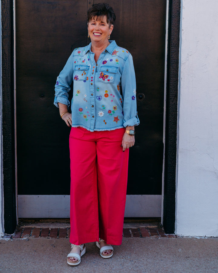 John Mark: Embroidered Blouse with Front Pockets & Roll Tab Sleeves in Multi (J16340BM) - The Vogue Boutique